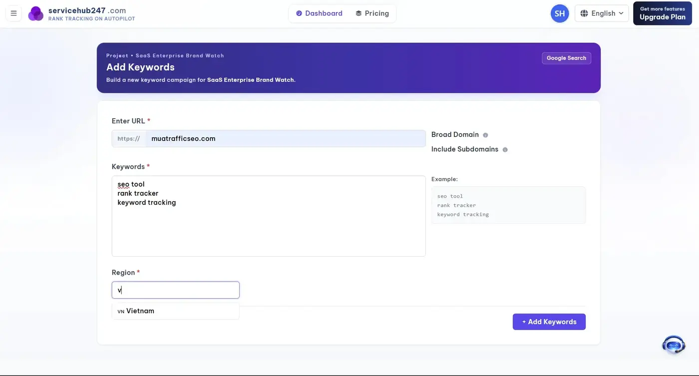 Add Keywords form with URL input, bulk keyword textarea, broad domain toggle, and country region selector